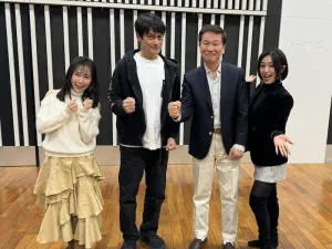 FM NACK5「青春もぎたて朝一番！」左から風谷南友さん、松村雄基さん、森田健作さん、酒井法子さん